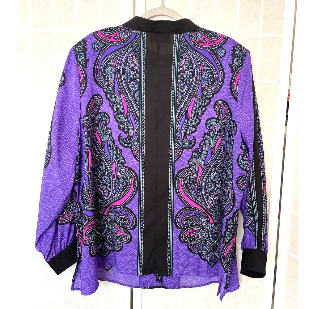 Bob Mackie Wearable Art Paisley Blouse 2X Purple Mandarin Collar Retro Bold Boho - Picture 2 of 8